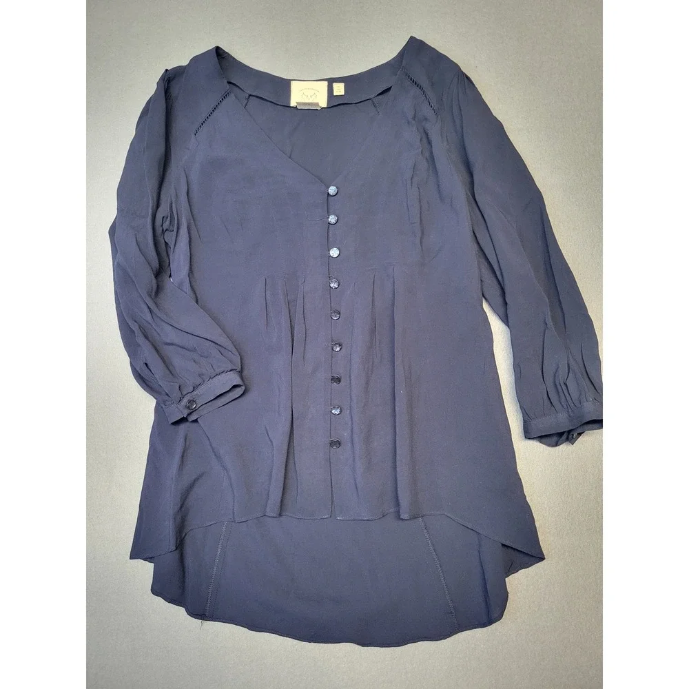 Vanessa Virginia Anthropologie Navy Blue Button Down Hi-Lo Blouse Top US 0 - Picture 3 of 10